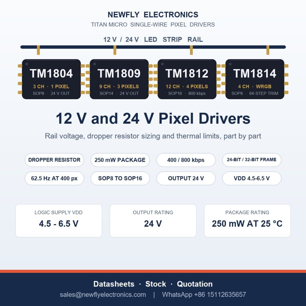 Titan Micro TM1804, TM1809, TM1812 and TM1814 LED pixel driver ICs for 12 V and 24 V LED strip designs - datasheet, stock and pricing from Newfly Electronics China