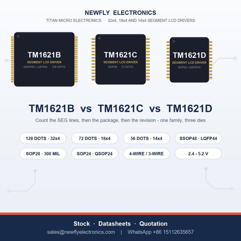 Titan Micro TM1621B vs TM1621C vs TM1621D segment LCD driver comparison - 128, 72 and 56 dots, SSOP48 LQFP44 SOP28 SOP24 QSOP24 packages, China stock Newfly Electronics