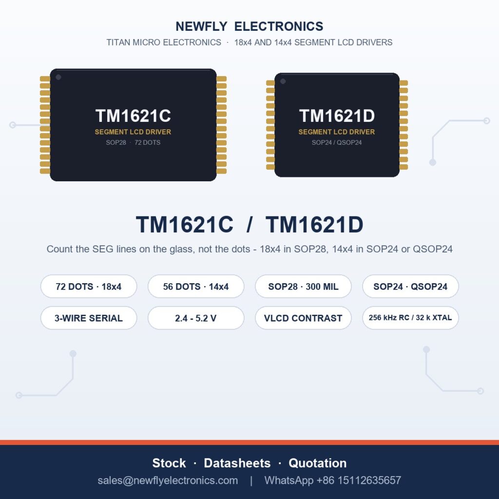 Titan Micro TM1621C 72-dot and TM1621D 56-dot segment LCD driver ICs - SOP28 and QSOP24 packages, pinout and China stock from Newfly Electronics