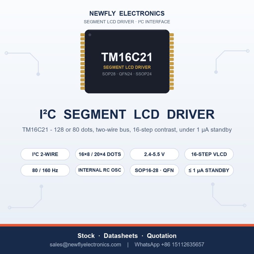 Titan Micro TM16C21 low power I2C segment LCD display driver IC in SOP28 - 16x8 or 20x4 dots, 2.4 to 5.5V, supplied by Newfly Electronics China