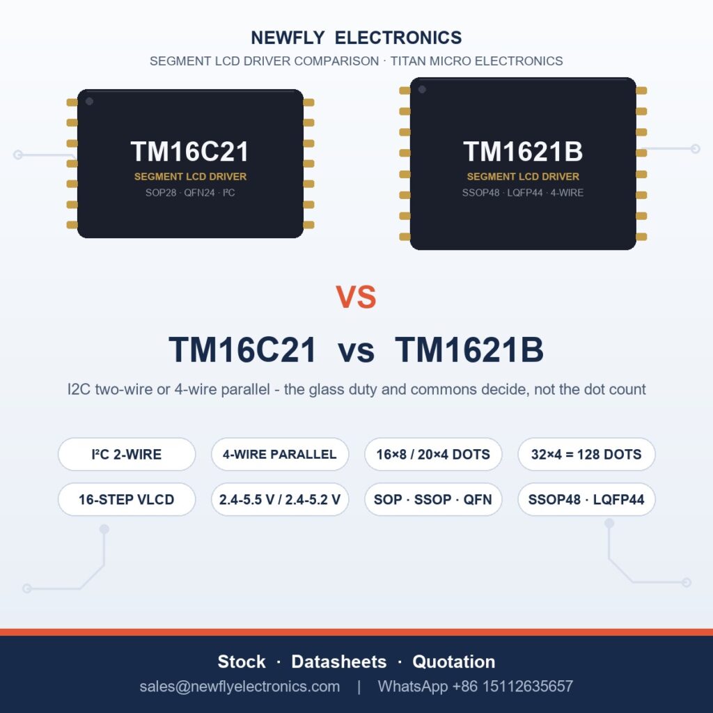 Titan Micro TM16C21 I2C LCD driver vs TM1621B 4-wire LCD driver comparison - spec table, glass duty rules and China stock from Newfly Electronics