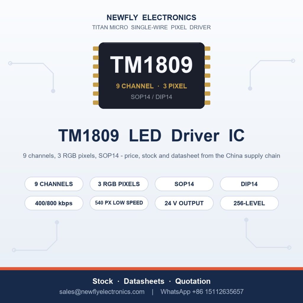 TM1809 LED driver IC from Titan Micro - 9 channel, 3 pixel, SOP14 pixel driver in stock at China supplier Newfly Electronics