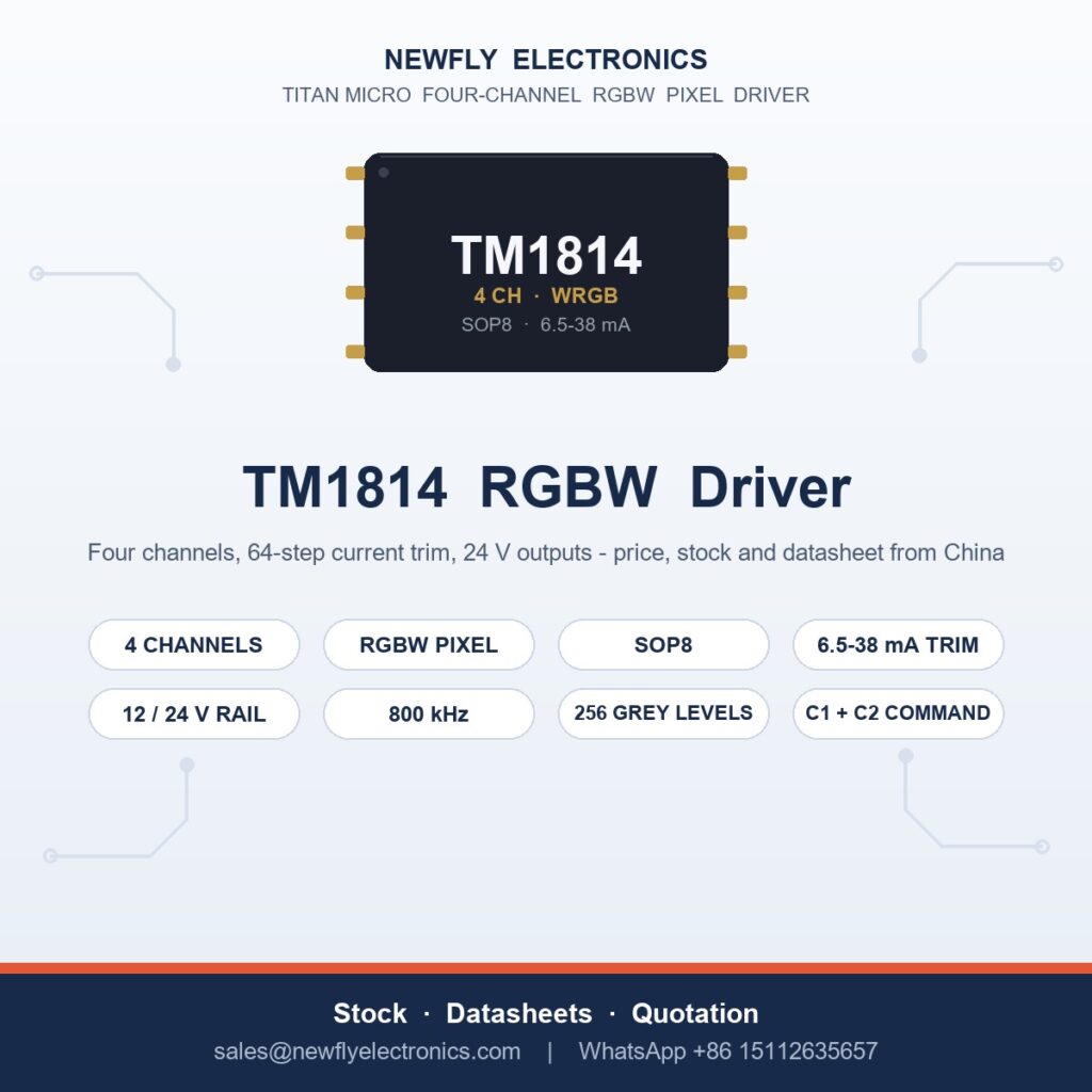 TM1814 RGBW LED driver IC from Titan Micro - four-channel constant-current SOP8 pixel driver with 64-step current trim, supplied by Newfly Electronics China