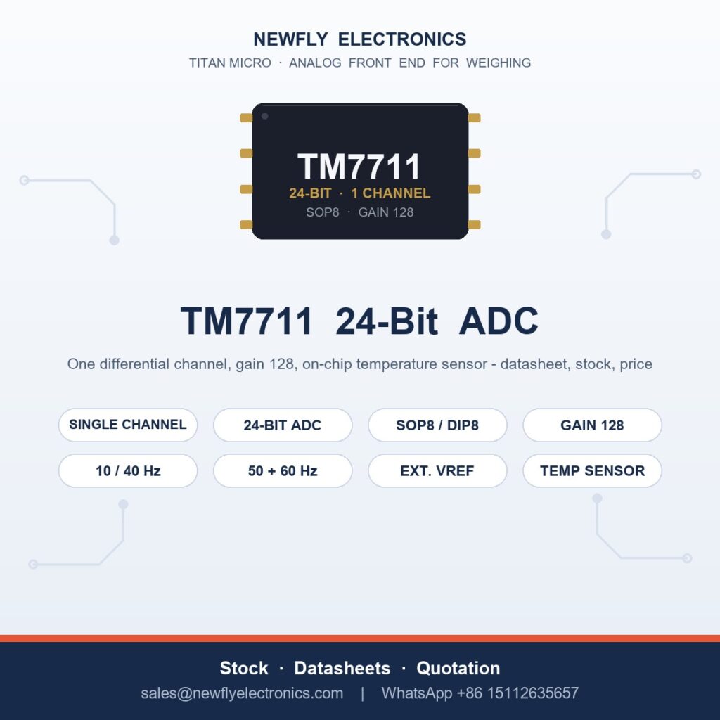 TM7711 24-bit ADC from Titan Micro - single-channel sigma-delta converter in SOP8 with gain 128 and built-in temperature sensor, supplied by Newfly Electronics China