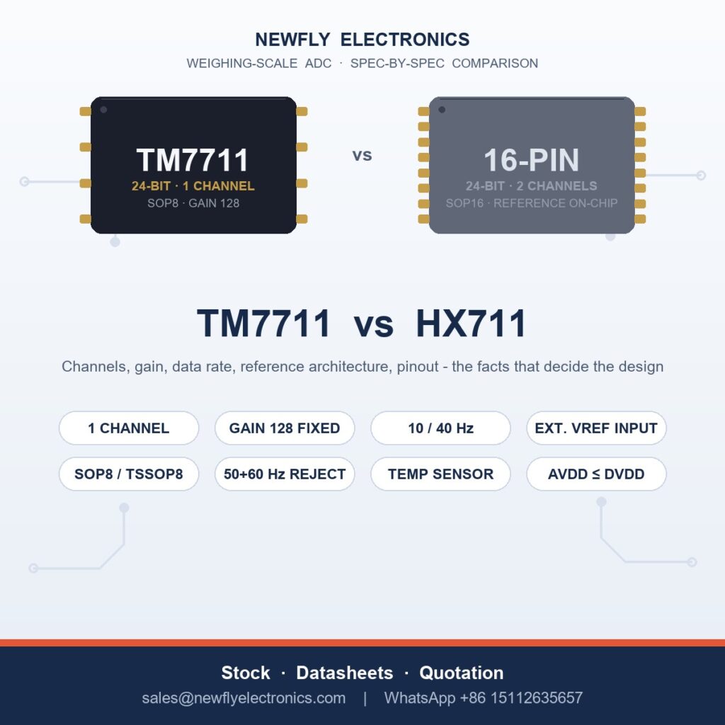TM7711 vs HX711 weighing-scale ADC comparison - Titan Micro 24-bit sigma-delta converter in SOP8 with fixed gain 128 and external reference, supplied by Newfly Electronics China
