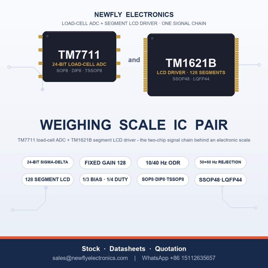 Titan Micro TM7711 24-bit load cell ADC and TM1621B segment LCD driver ICs - the two-chip weighing scale signal chain supplied by Newfly Electronics China